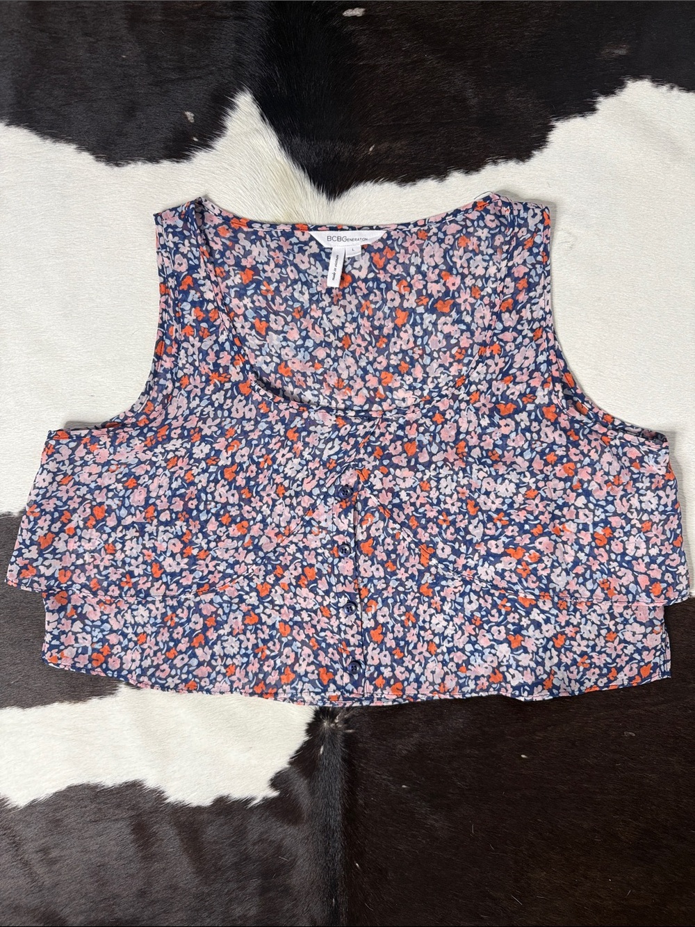 BCBGeneration Navy Floral Cropped Tank with Coral Accents